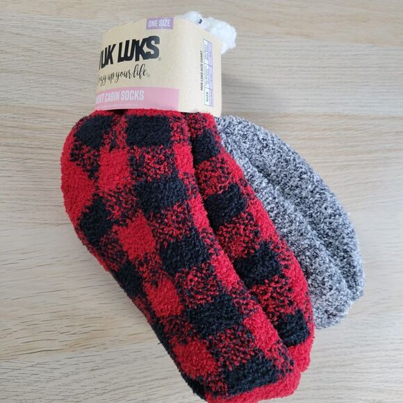 Muk Luks Short Sherpa Cabin Socks Red Buffalo Plaid Slippers Womens Two Pair - Picture 1 of 5